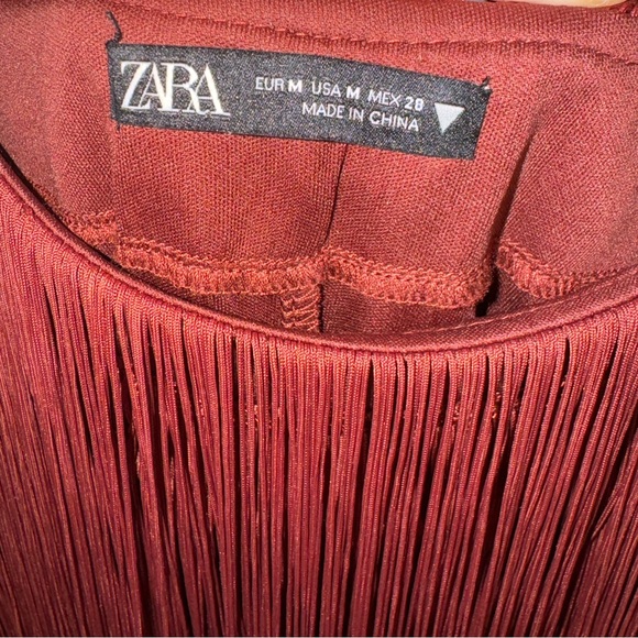 ZARA STRAPPY FRINGED MIDI DRESS BURGUNDY BROWN. Size medium - Picture 3 of 3